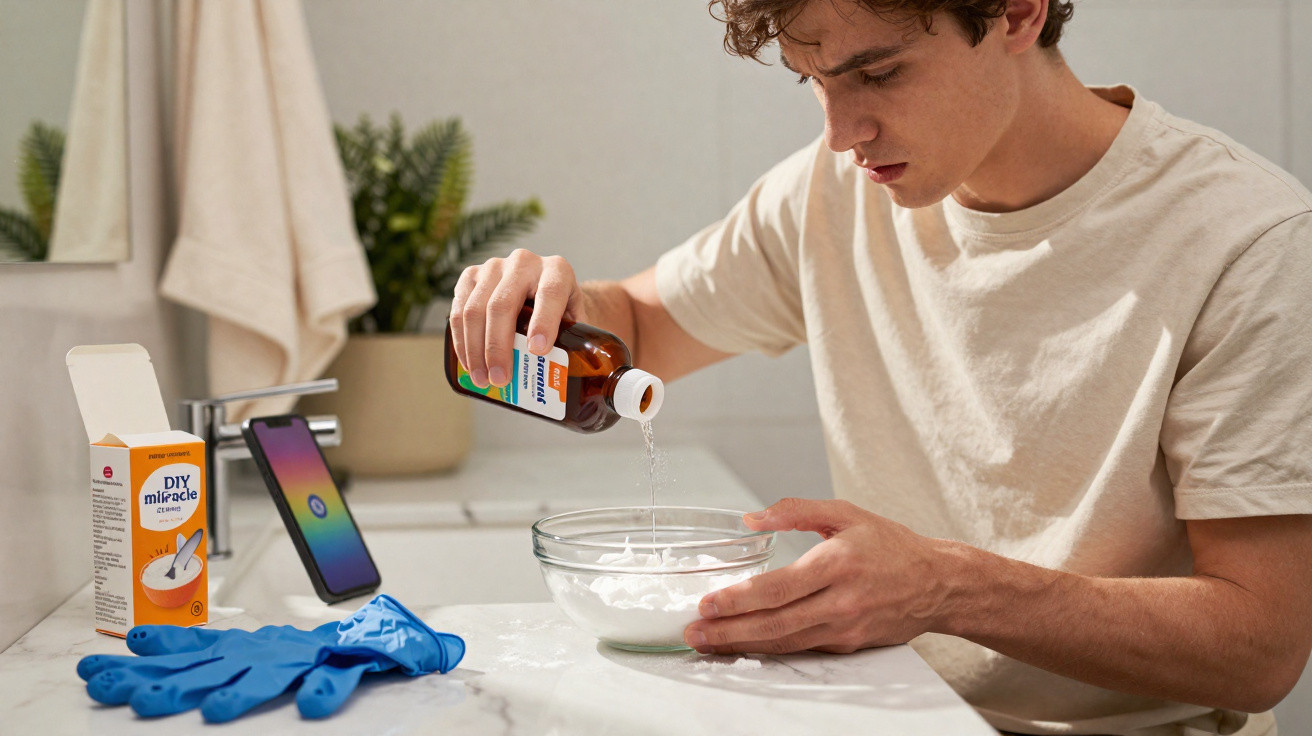 Jovem a preparar slime com cola e líquido num recipiente transparente numa cozinha moderna.