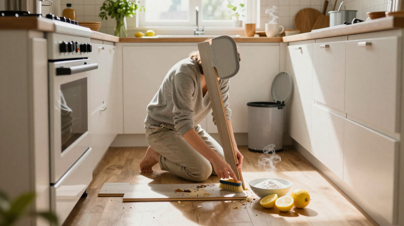 Pessoa de joelhos limpa migalhas no chão da cozinha usando escova presa a uma cadeira.