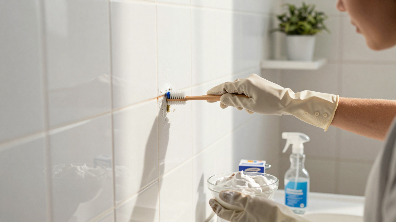 Pessoa a limpar azulejos brancos com escova e luvas de borracha num ambiente doméstico.