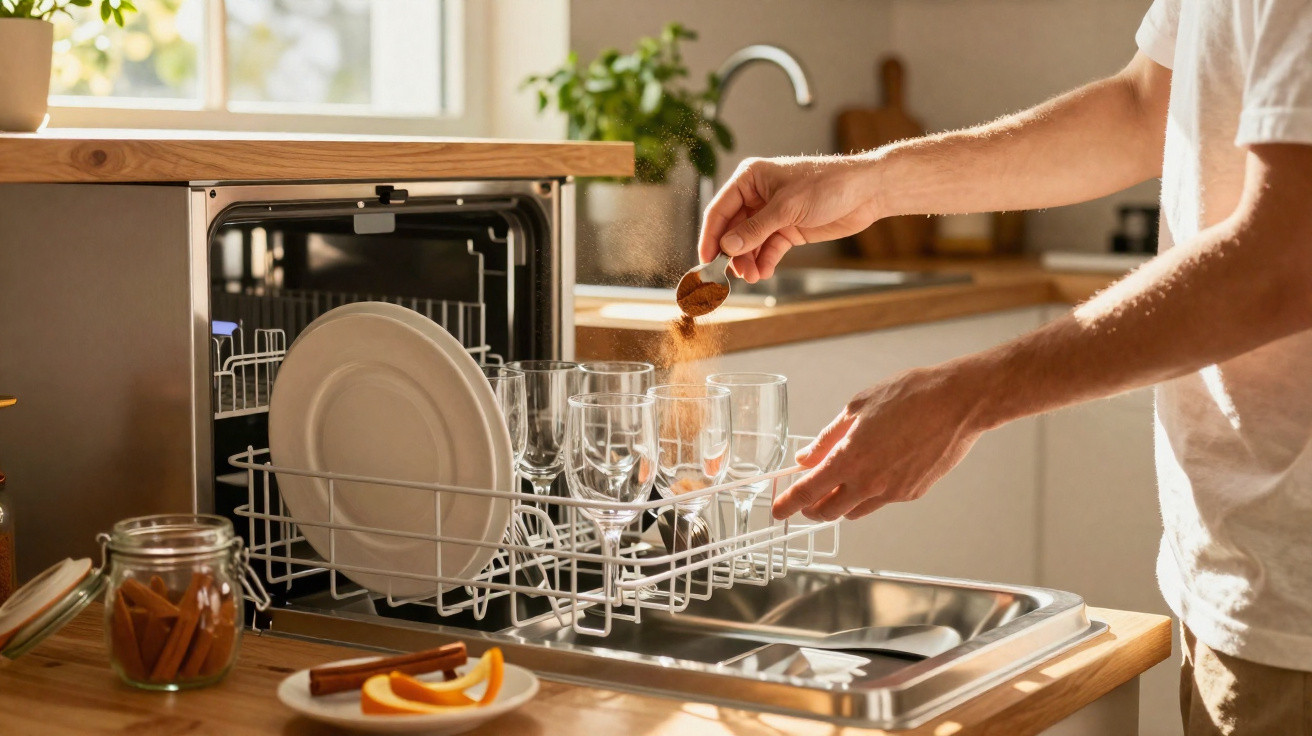 Pessoa a colocar canela em pó em copos dentro da máquina de lavar loiça numa cozinha iluminada.