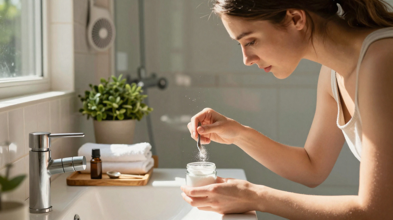 Mulher a aplicar creme num recipiente num ambiente de casa-de-banho iluminado natural.
