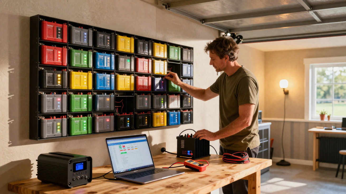 Homem ajusta painel colorido de baterias conectado a computador numa bancada de madeira numa sala iluminada.