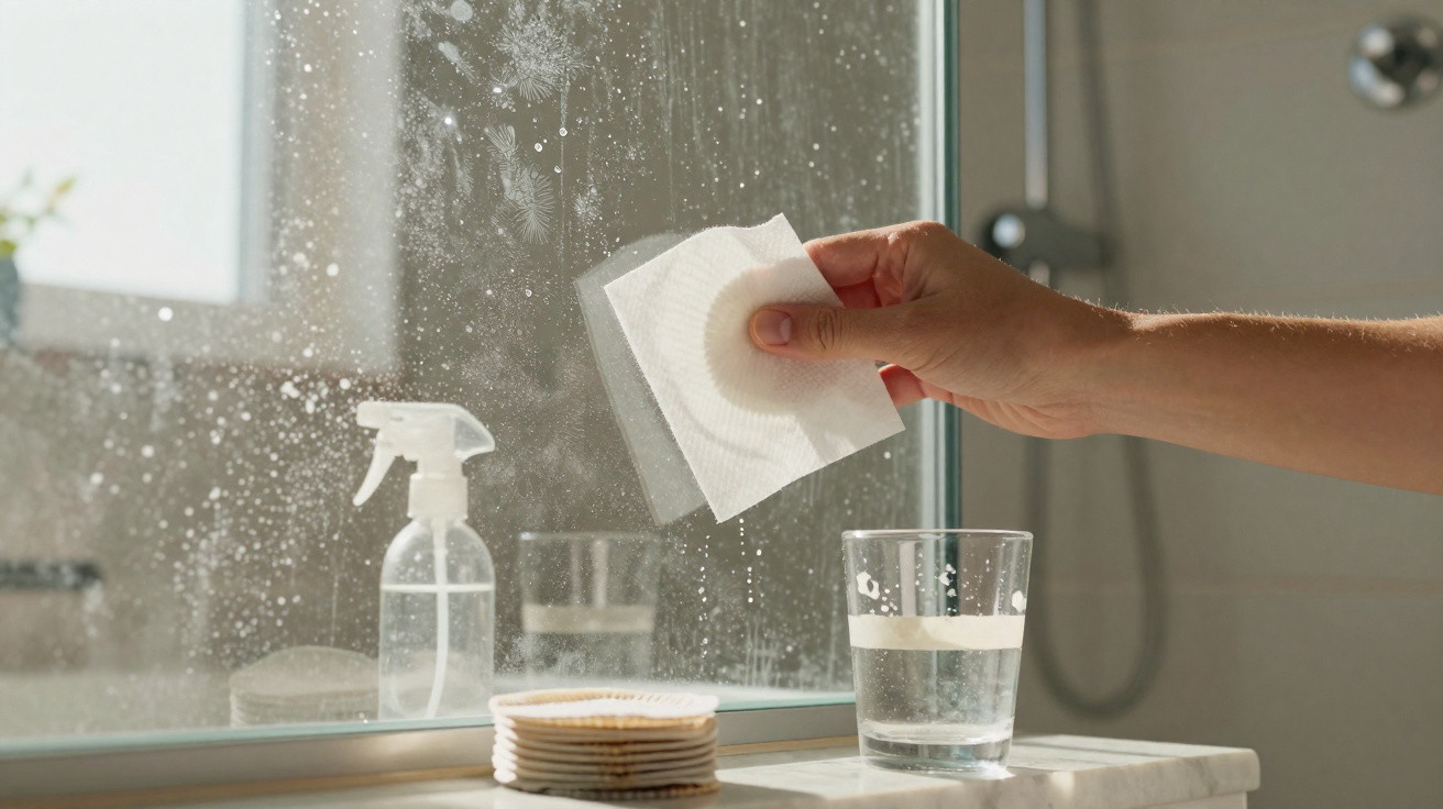 Pessoa limpando espelho com disco desinfetante, spray e copo com líquido num ambiente luminoso.