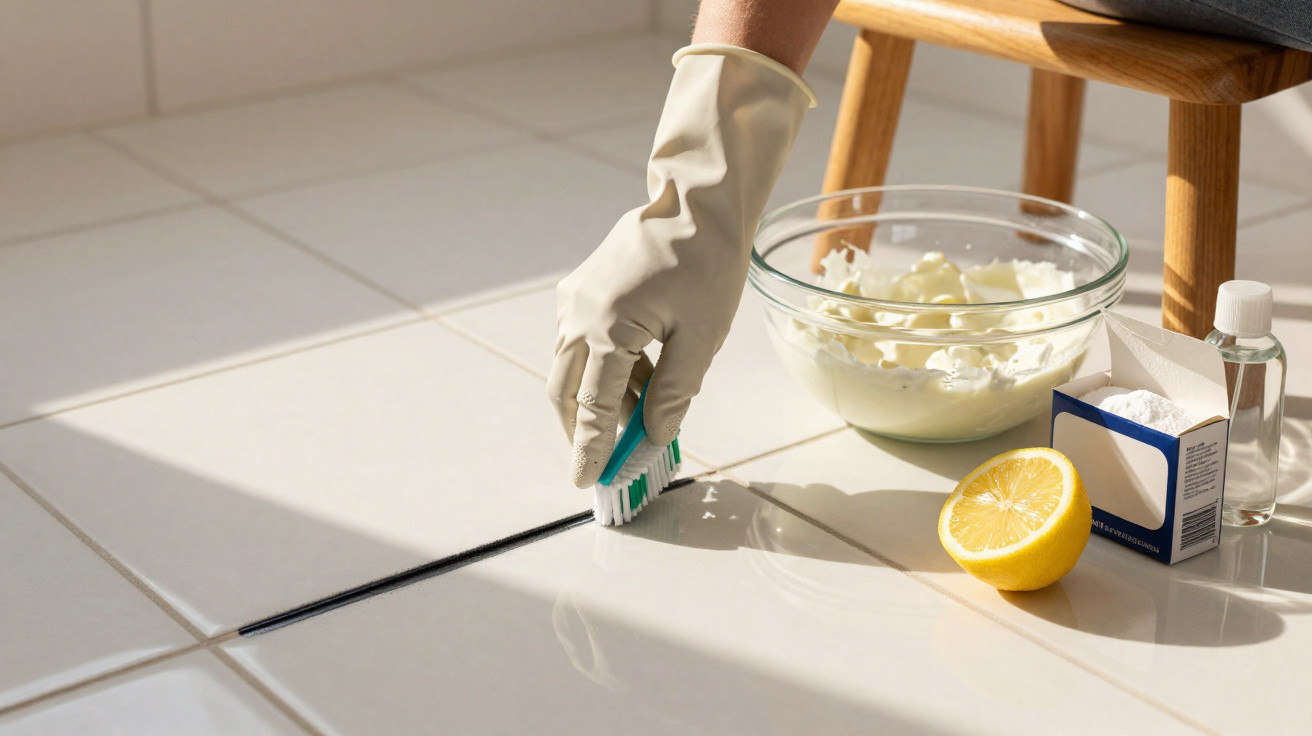 Mão com luva a esfregar juntas de azulejos com escova, limão, tigela com pasta branca e caixa de brasão no chão.