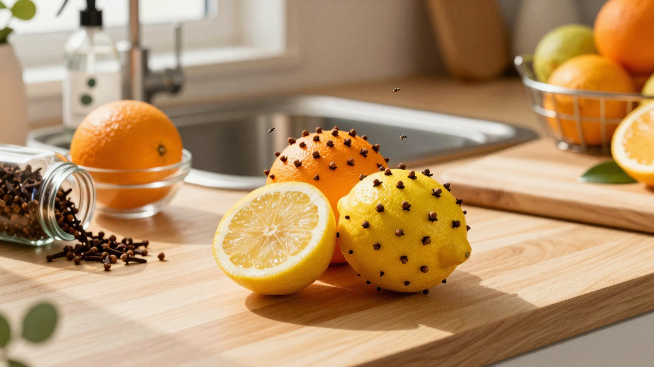 Limão e laranja com cravinhos espetados sobre bancada de cozinha iluminada por luz natural.