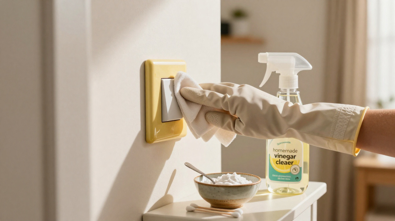 Mão com luva amarela a limpar interruptor de luz com pano, ao lado de spray caseiro de vinagre e tigela com bicarbonato.