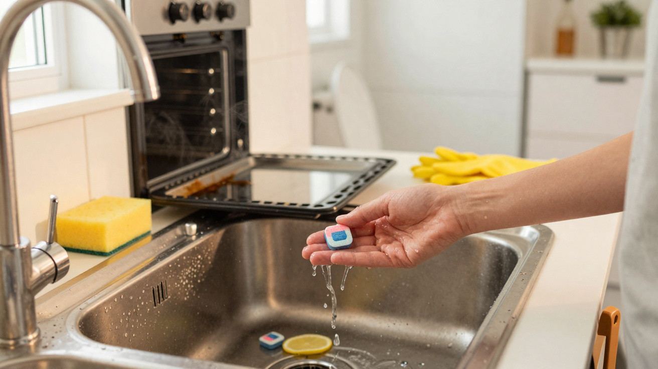 Pessoa a segurar cápsula de detergente para lavar loiça junto a lava-loiça em cozinha moderna.
