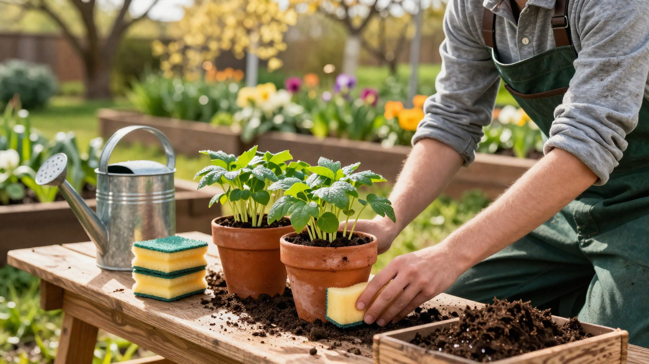 Pessoa a cuidar de plantas em vasos num jardim, limpando com uma esponja amarela.