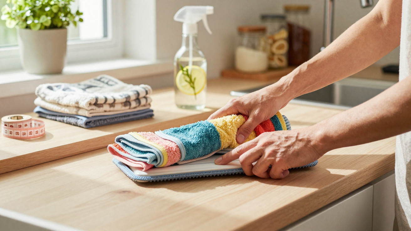 Mãos a dobrar uma toalha colorida numa bancada de cozinha com toalhas e pulverizador ao fundo.