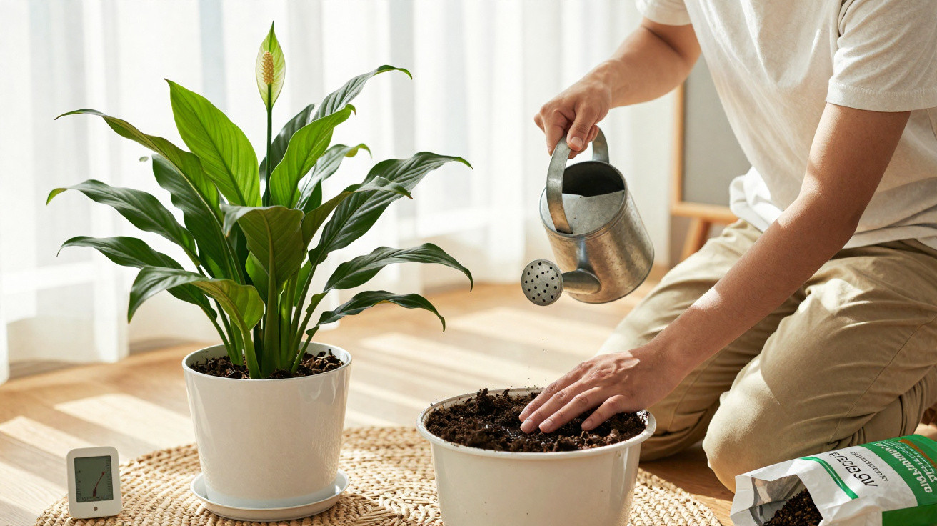 Pessoa a regar terra num vaso branco ao lado de uma planta em vaso dentro de casa, ao sol.