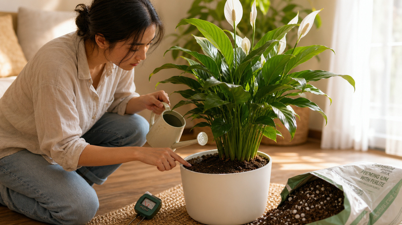 Mulher rega planta em vaso branco dentro de casa, ao lado de saco aberto de terra para plantas.