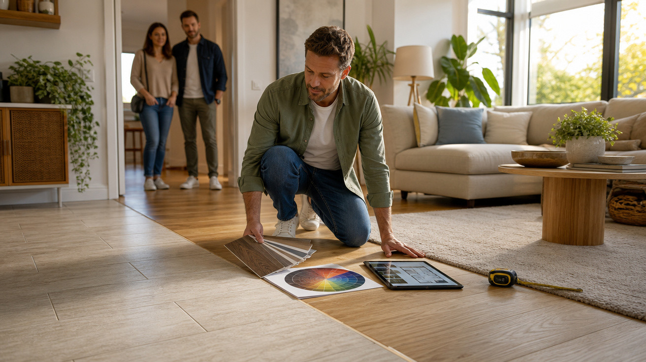 Homem a escolher amostras de cores e materiais para o chão, enquanto um casal observa num apartamento moderno.