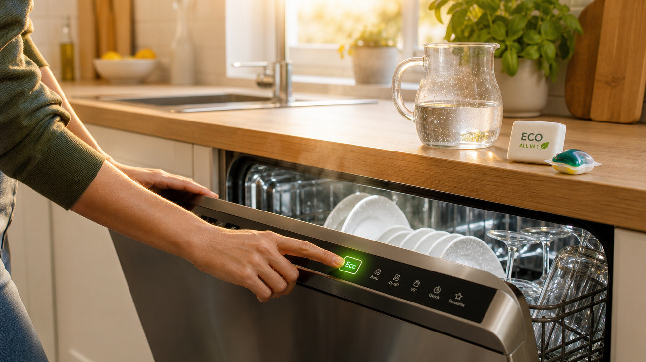 Pessoa a carregar no botão Eco de uma máquina de lavar loiça com pratos e copos dentro, numa cozinha iluminada.