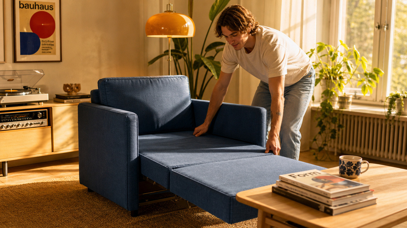 Homem em sala moderna a transformar sofá azul em cama, com luz natural e decoração contemporânea.