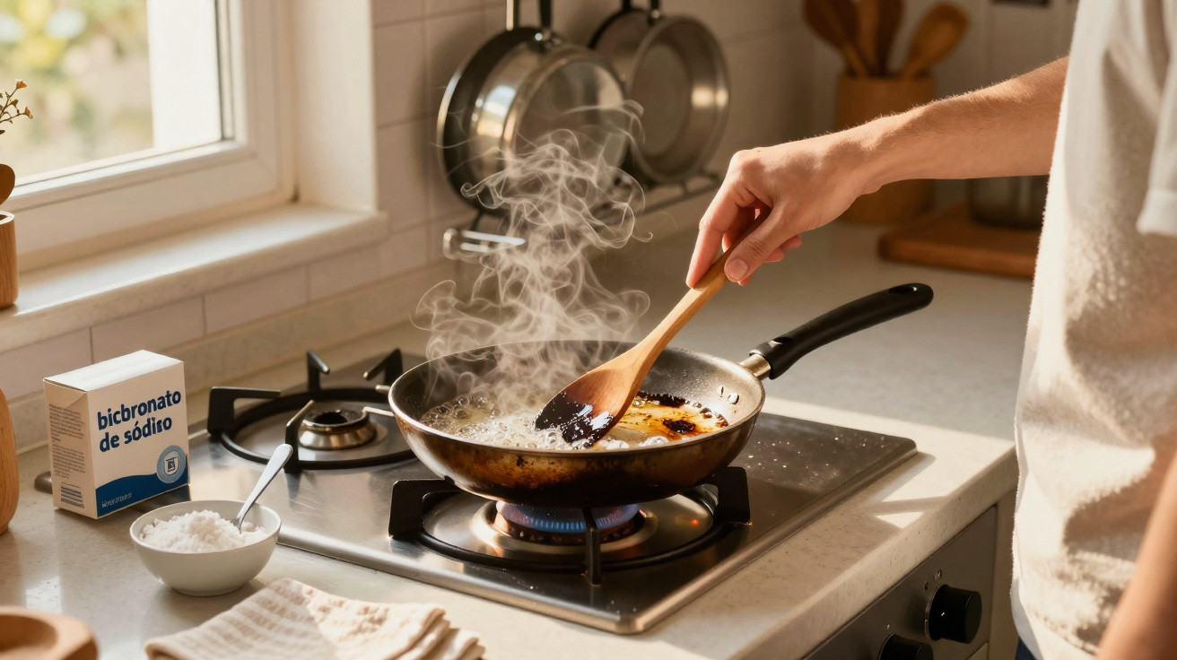 Pessoa a cozinhar com frigideira fumegante num fogão a gás numa cozinha iluminada naturalmente.