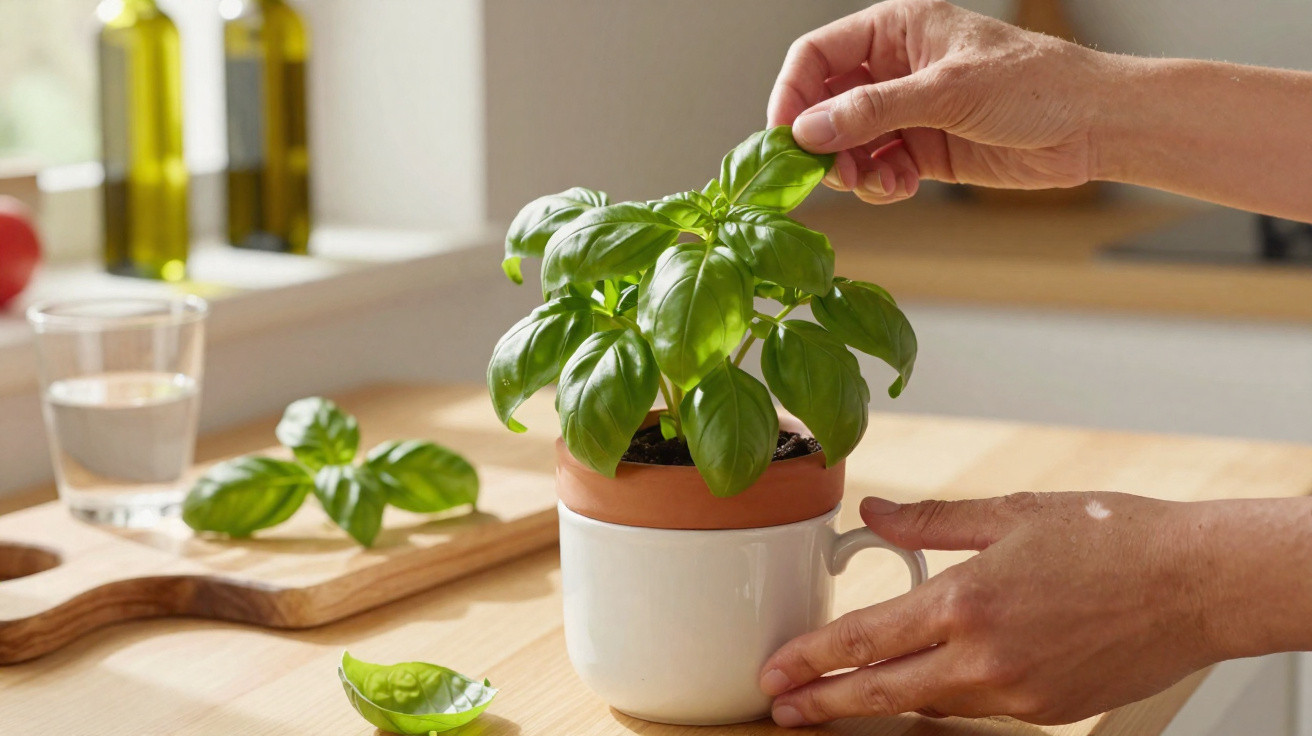 Mãos a apanhar folhas de manjericão verde fresco numa planta em vaso branco sobre mesa de cozinha.
