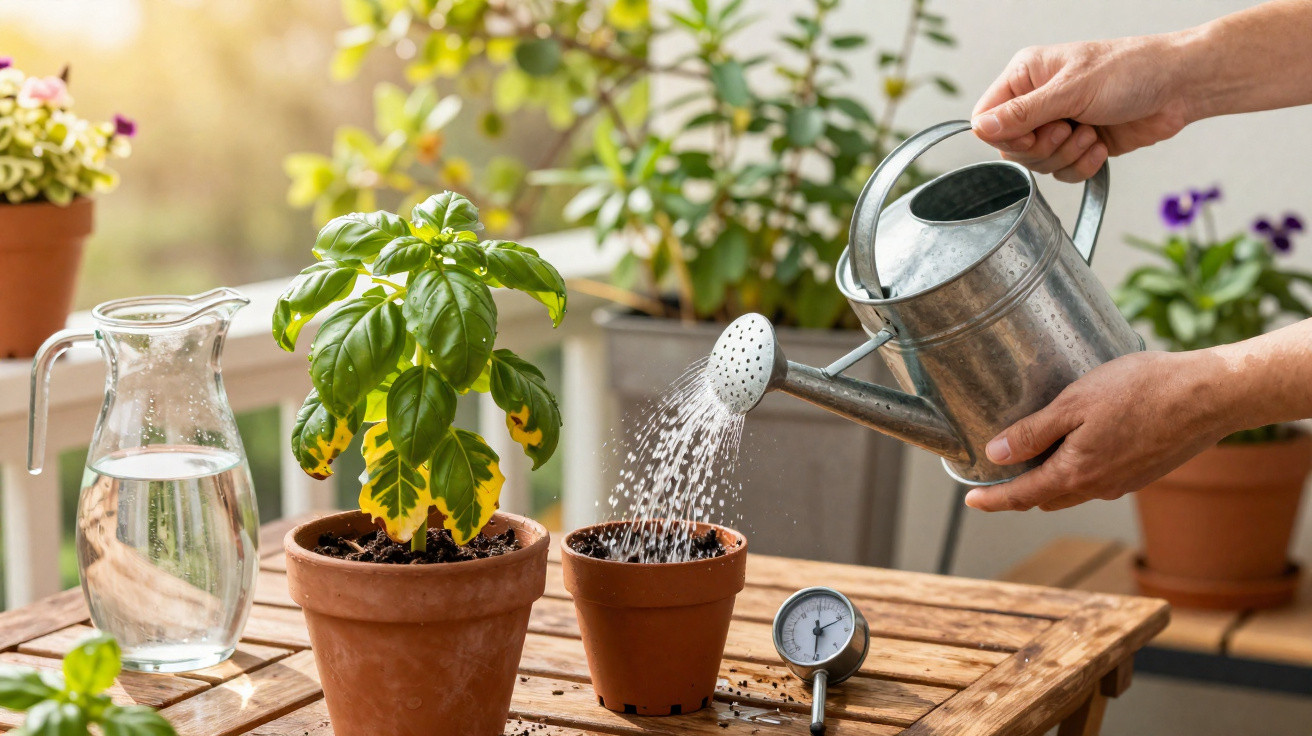 Pessoa a regar planta em vaso de barro num ambiente com várias plantas em vasos e jarra de água.