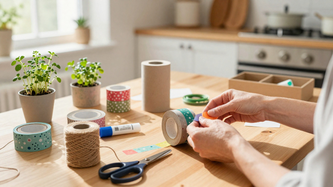 Mãos a cortar fita adesiva colorida numa mesa com materiais de artesanato e plantas em vasos.