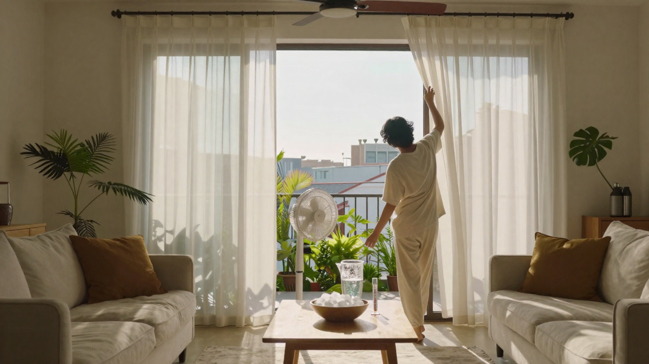 Pessoa a abrir cortinas numa sala luminosa com sofás, plantas e vista urbana ao fundo.