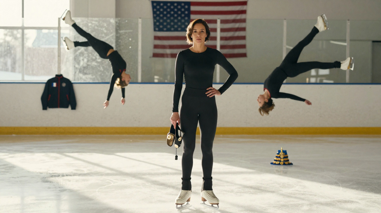 Patinadora no gelo de fato preto, com duas repetições dela em pleno salto atrás e bandeira americana ao fundo.