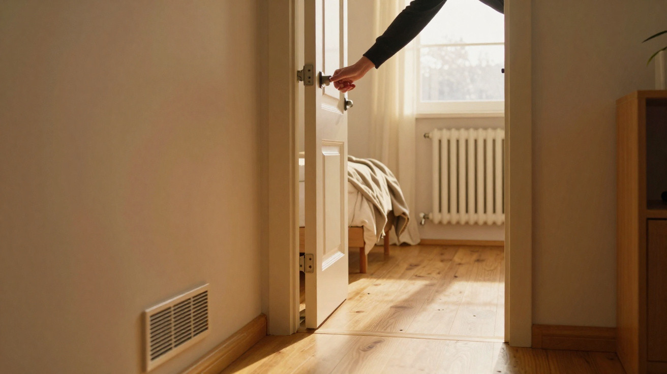 Porta branca entreaberta para um quarto com chão de madeira, cama com cobertores claros e janela com radiador.
