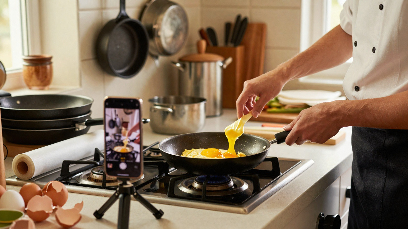 Cozinheiro a partir ovos numa frigideira com telemóvel em tripé a gravar o processo na cozinha.