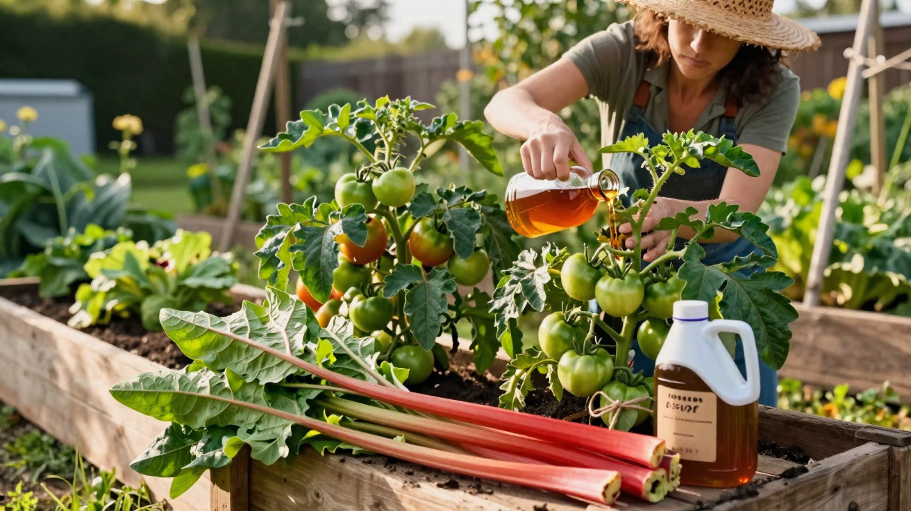 Mulher a aplicar fertilizante líquido em plantas de tomate num canteiro elevado de jardim.