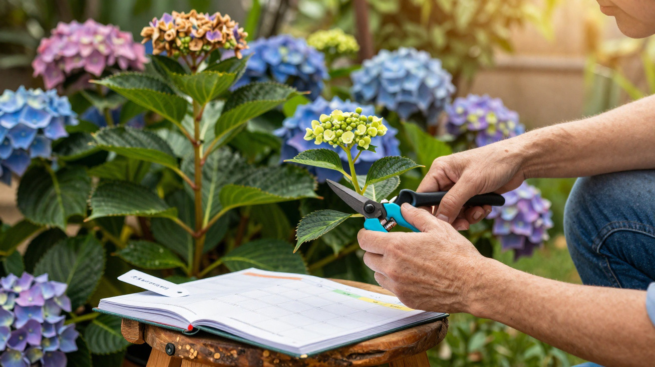 Pessoa a podar flores de hortênsia num jardim, com agenda aberta sobre banco de madeira.