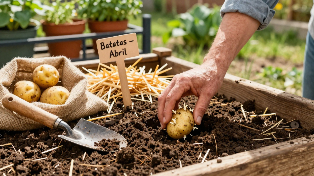 Mão a plantar batata em canteiro com placa "Batatas – Abril", saco de batatas e pequena enxada ao lado.