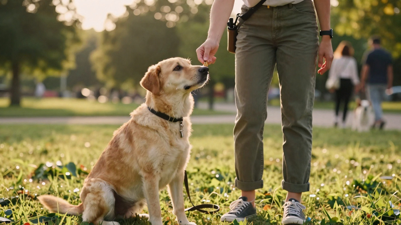 Cão sentado no parque olhando para pessoa que segura um petisco à sua frente ao pôr do sol.