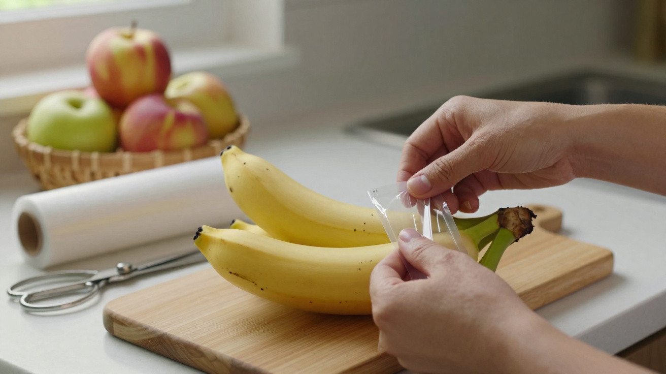 Mãos a enrolar filme plástico em cachos de bananas numa tábua de cozinha com frutas ao fundo.