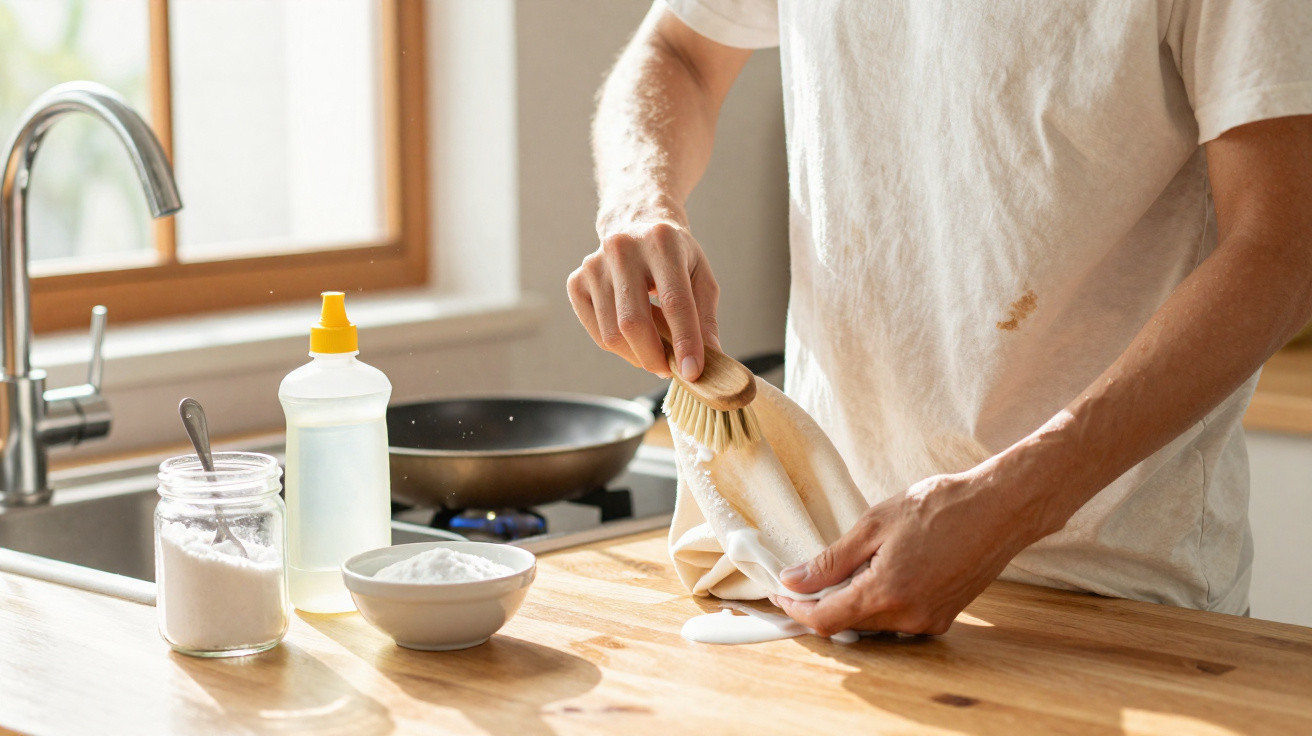 Pessoa a limpar uma tábua de cozinha de madeira com escova e detergente líquida ao lado.