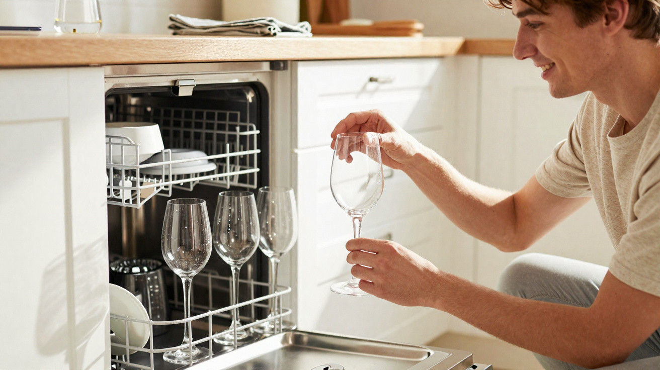 Pessoa a tirar copo de vinho do lava-louças aberto numa cozinha moderna e iluminada.
