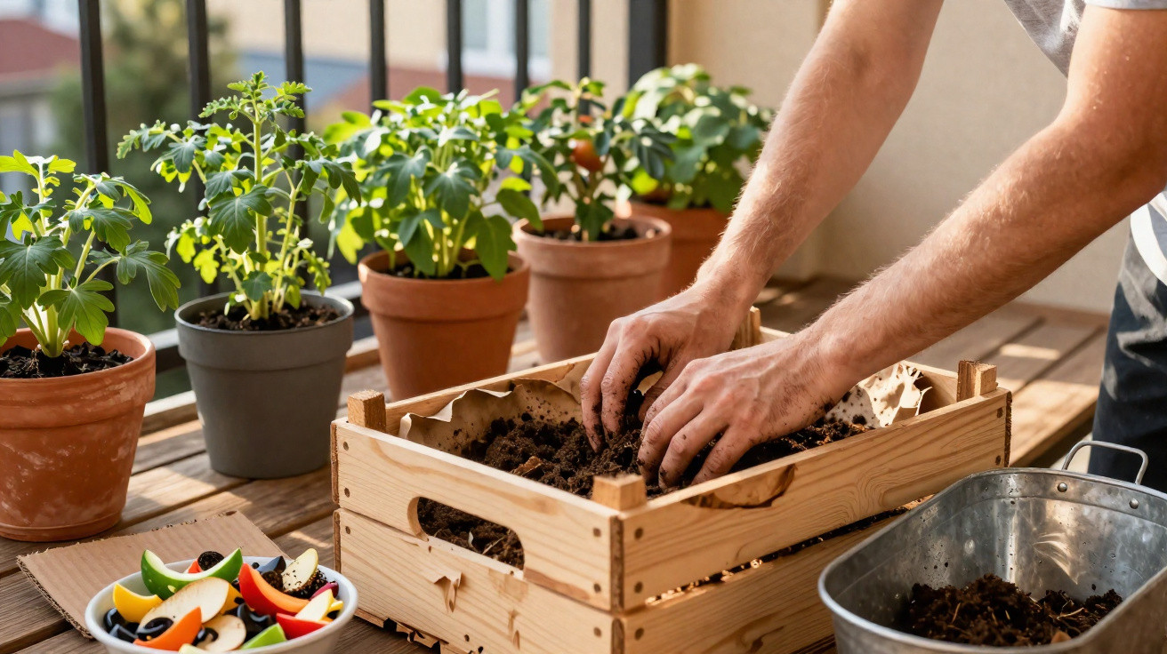 Mãos a preparar terra numa caixa de madeira para plantar, com vasos de plantas e uma tigela de legumes cortados ao lado.