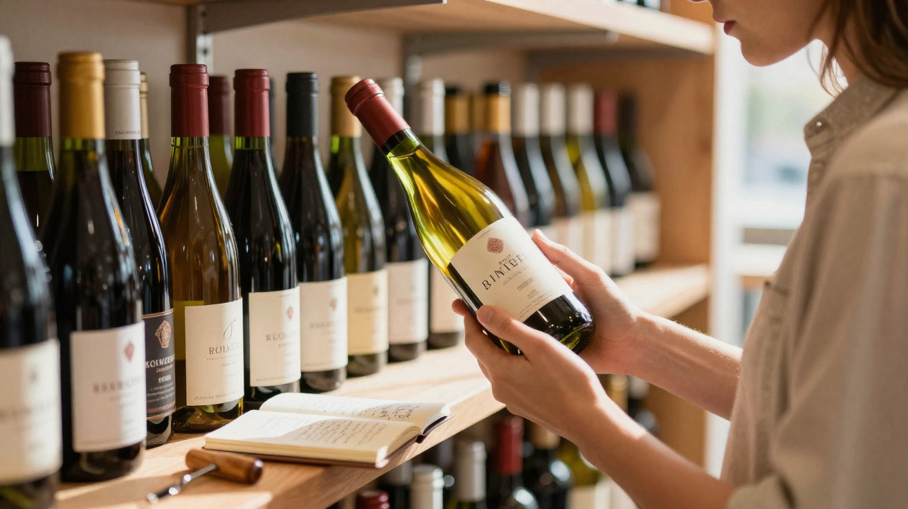 Pessoa a segurar uma garrafa de vinho branco numa adega com várias garrafas alinhadas numa prateleira de madeira.