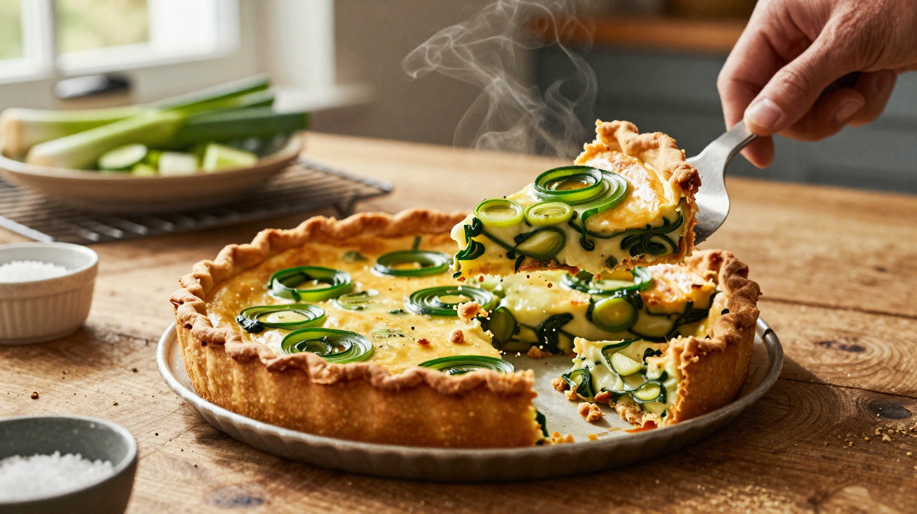 Tarte de legumes quente com rodelas verdes servida numa forma metálica sobre mesa de madeira.
